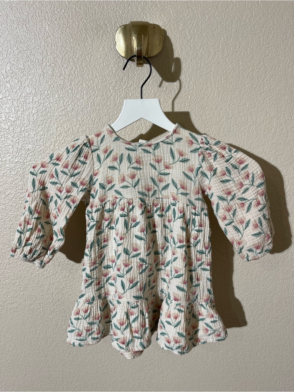 Castro  Cream Floral Long-Sleeve Ruffle Hem Dress with Pink & Green Print
